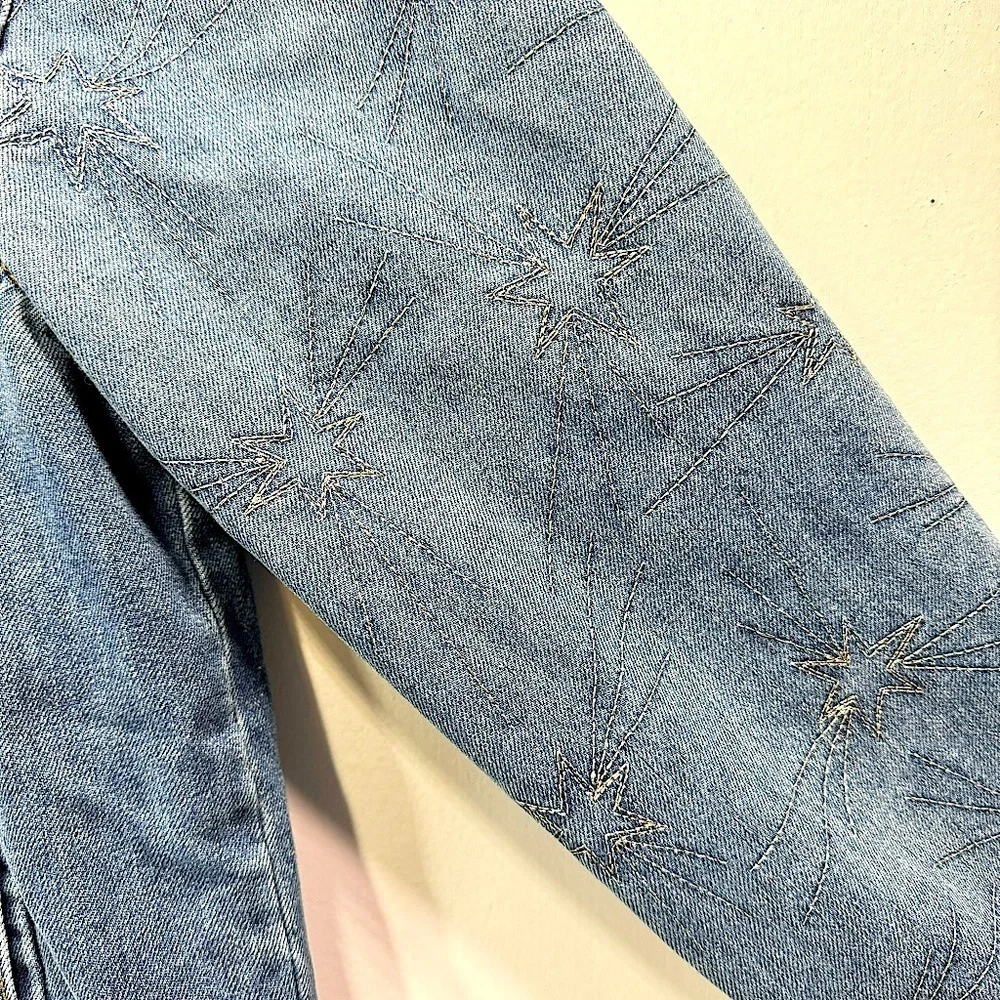 Y2K Blue Denim Jean Jacket Embroidered Metallic Stars on Sleeves by Maison Jules